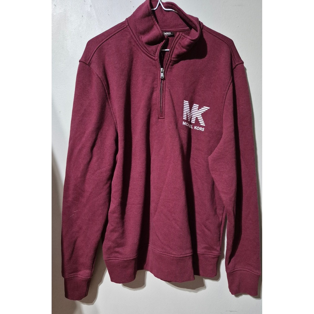 Michael Kors Mens XL Burgundy Maroon Quarter Zip MK Logo Fleece Sweatshirt